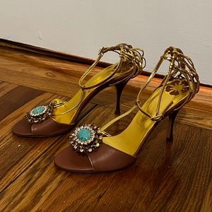 New Hollywould shoes “Laura” brown gold heeled jeweled sandals sz 36.5 brand-new